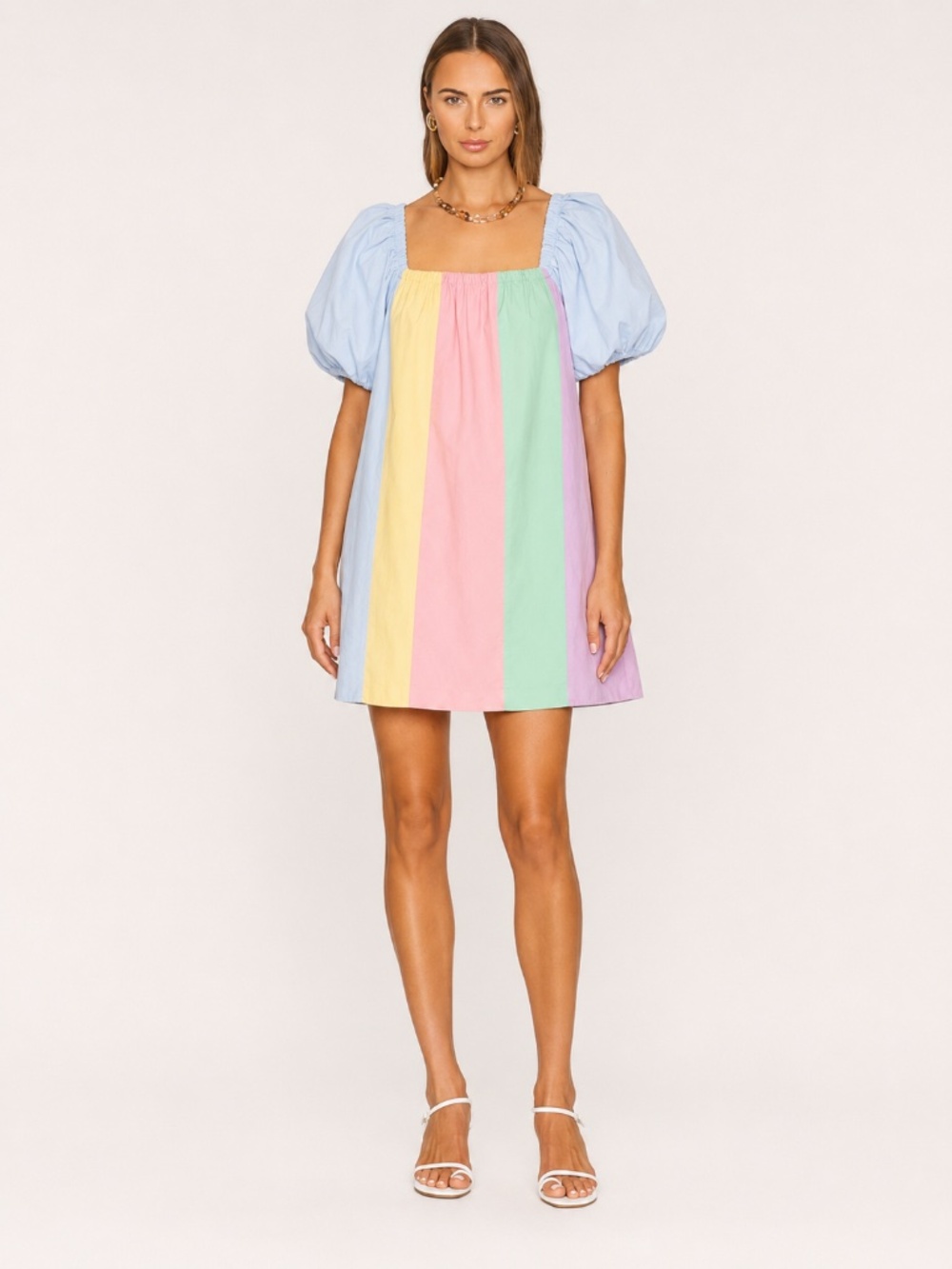 English Factory Pastel Colorblock Stripe Puff Sleeve Mini Dress Size L